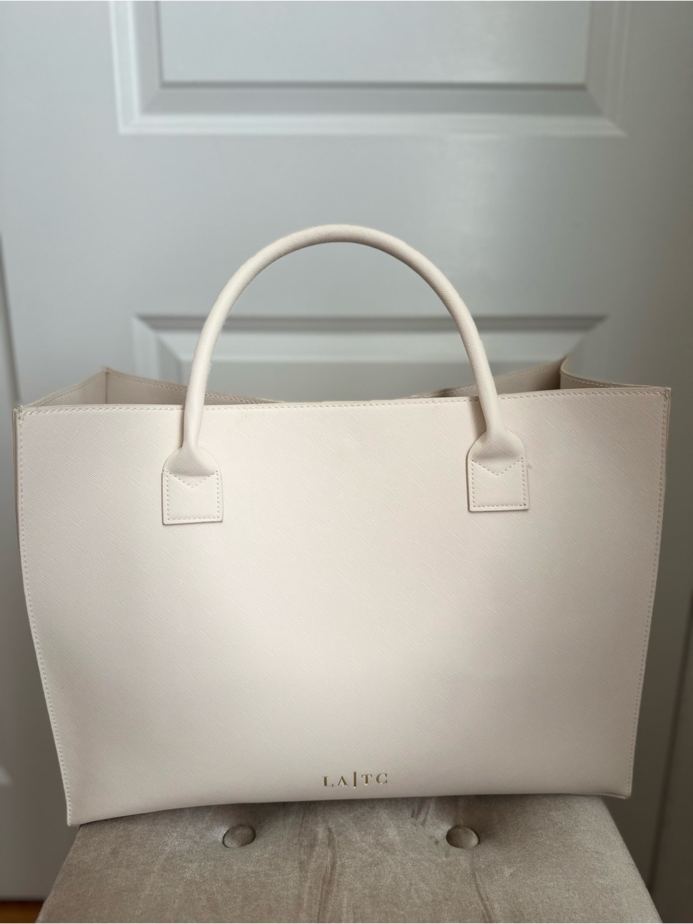 Cream Large Tote Bag with Gold Text - Designer Logo Statement - Picture 2 of 5